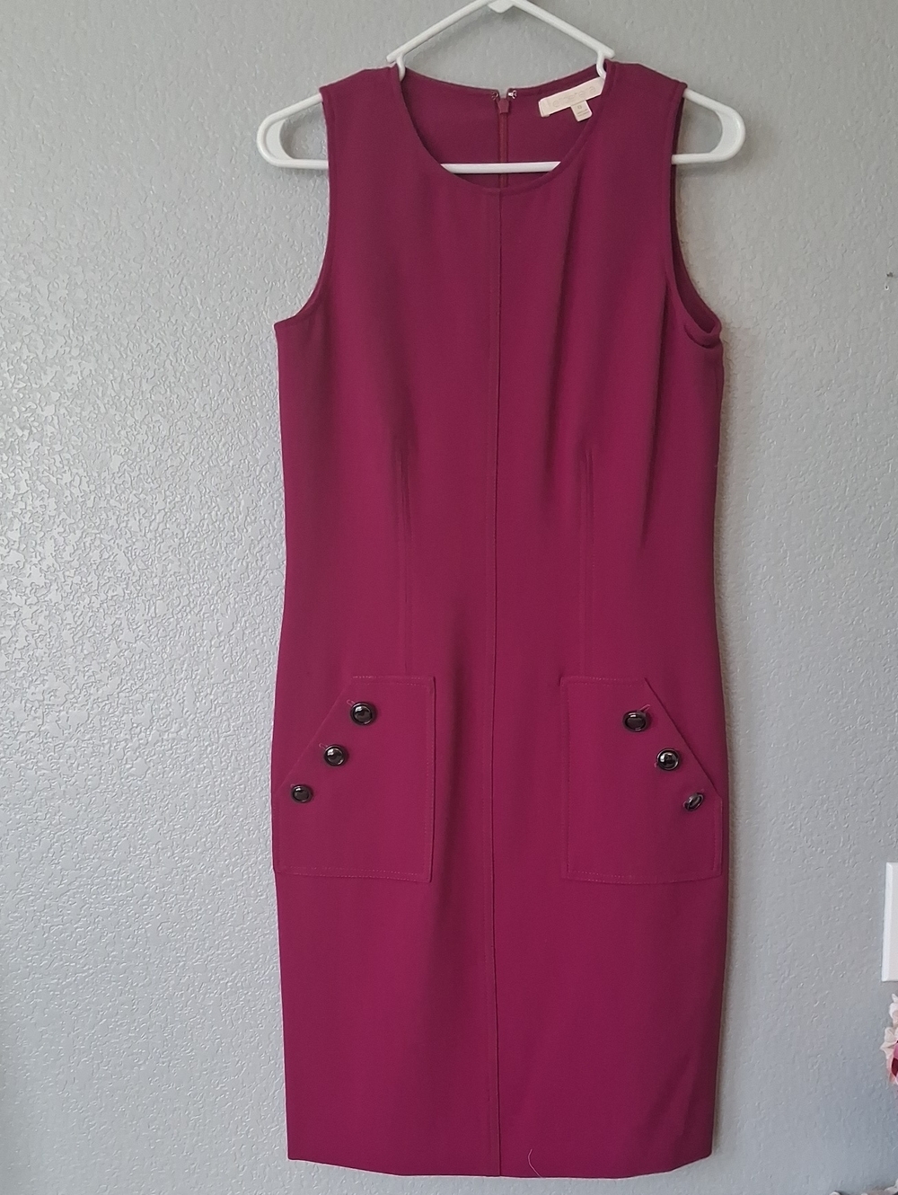 Etcetera Sleeveless Sheath Dress in Magenta with Button-Pocket Detail